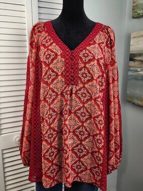 New Directions Floral Top — Chiffon Boho Print Blouse XL Red Purple Sheer Flow